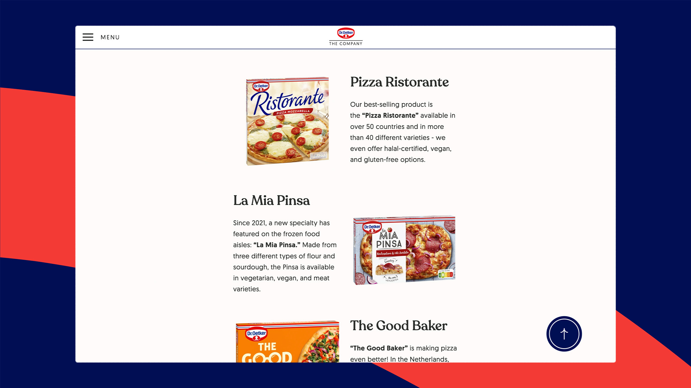 screenshot of the products module of the Oetker corporate website