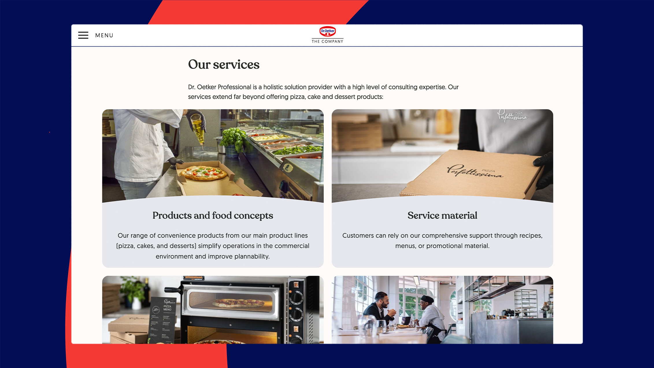 screenshot of the services modules of the Oetker corporate website
